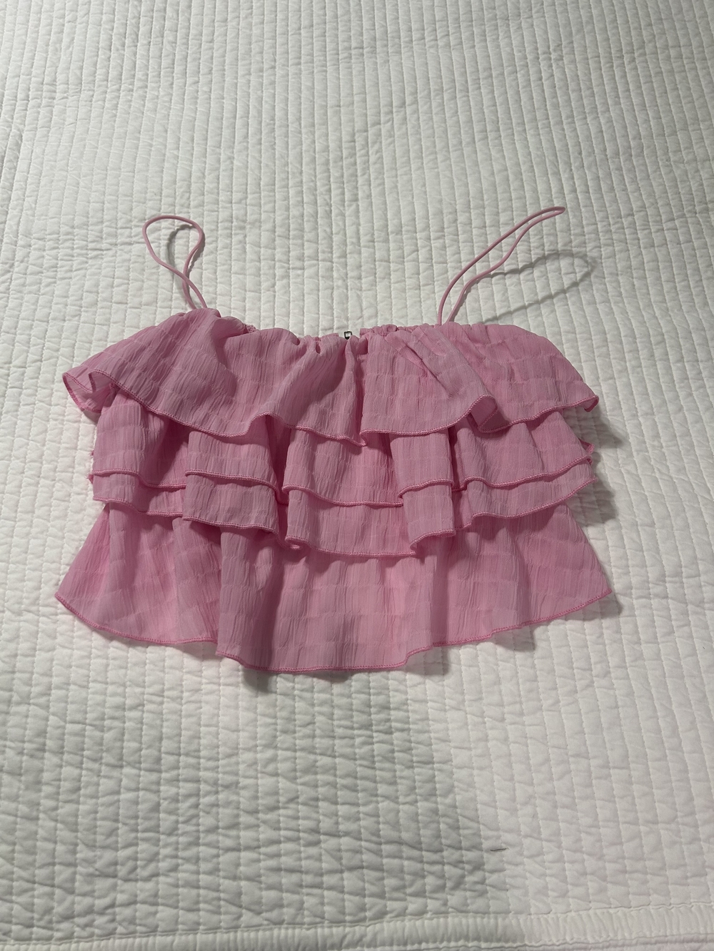 Pink Tiered Ruffle Spaghetti Strap Crop Top